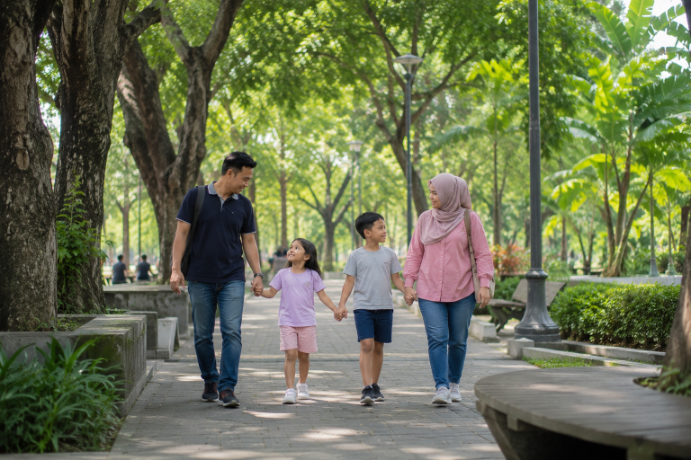 Keluarga piknik bersama anak di taman hijau Surabaya