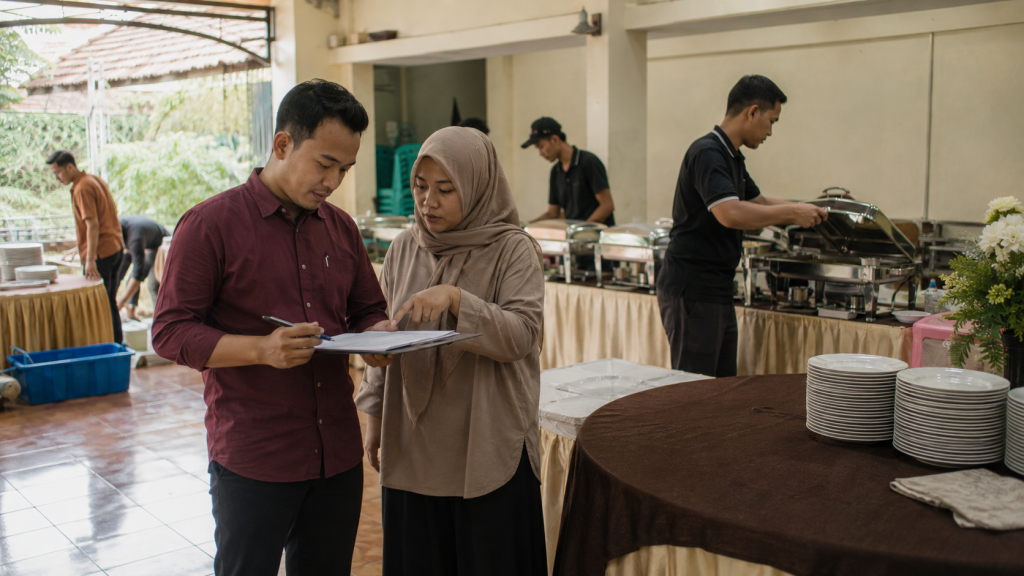 Panitia menghitung porsi prasmanan berdasarkan jumlah tamu acara