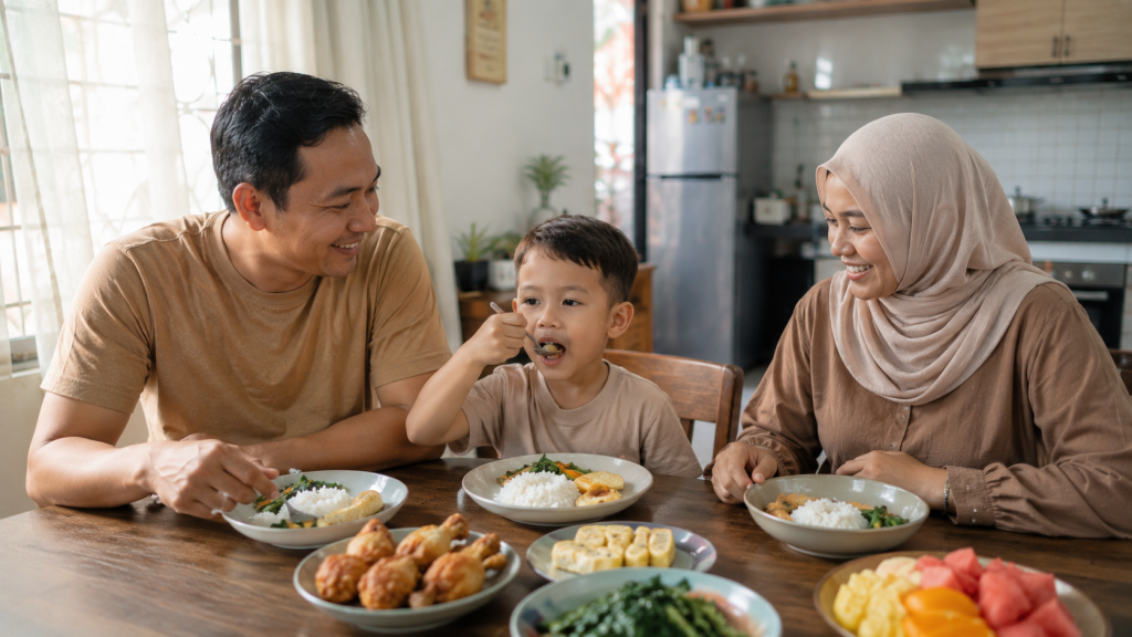 Orang tua membiasakan anak makan sayur tanpa memaksa di meja makan