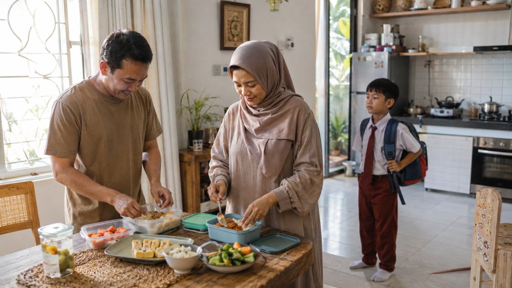 Ide bekal anak sekolah praktis dengan nasi, lauk, sayur dan buah