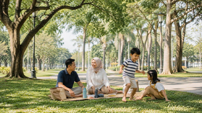 Keluarga piknik bersama anak di taman hijau Surabaya
