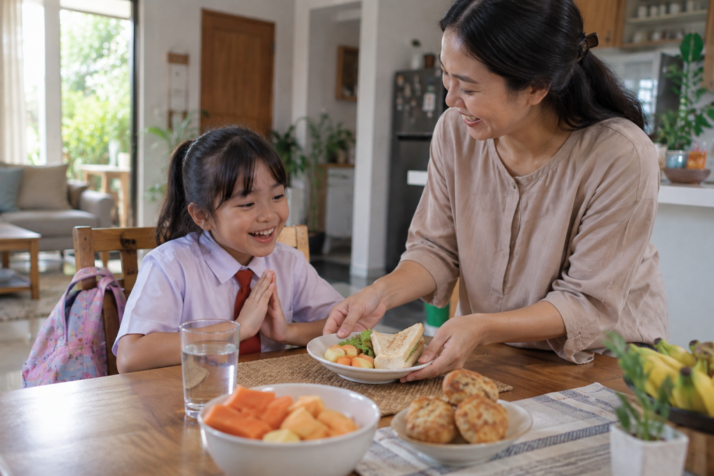 Anak menikmati makanan setelah pulang sekolah di rumah