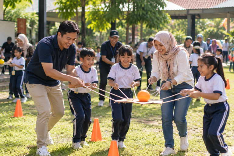 Orang tua dan anak mengikuti kegiatan family gathering sekolah bersama.