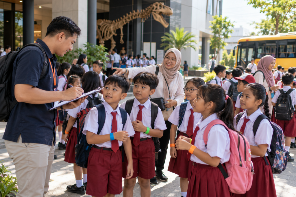 Guru mengatur rombongan siswa saat kunjungan edukasi sekolah di Surabaya