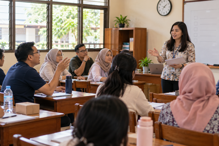Guru dan orang tua mengikuti rapat wali murid di sekolah