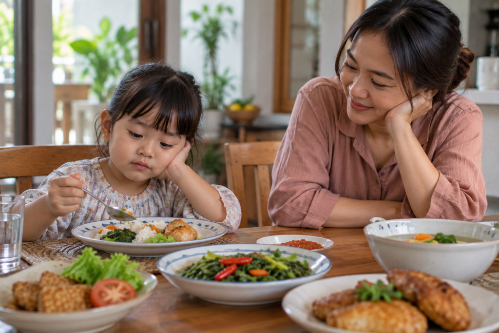 Anak makan perlahan di meja makan ditemani orang tua.