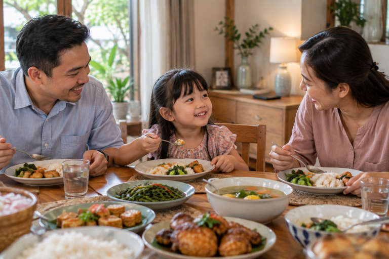 Anak makan tanpa gadget bersama orang tua di meja makan.