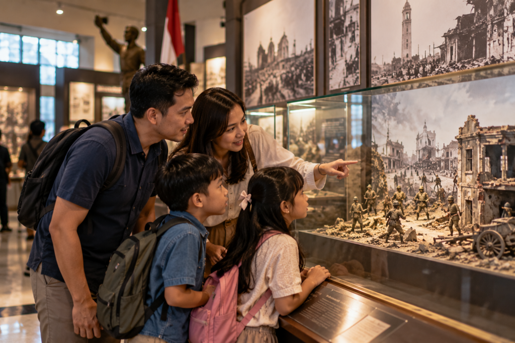 Keluarga mengajak anak mengunjungi museum sejarah di Surabaya