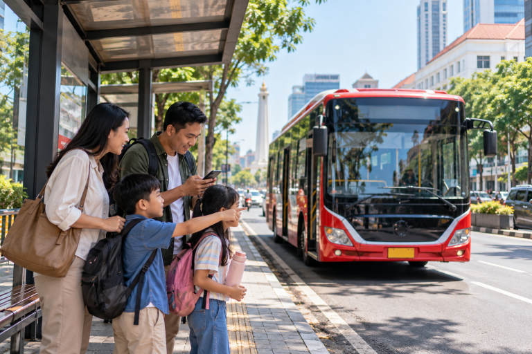 Keluarga menunggu transportasi umum untuk keliling Surabaya bersama anak