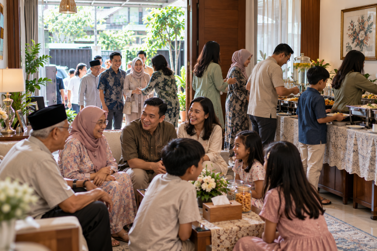 Tuan rumah menyambut keluarga saat open house di rumah