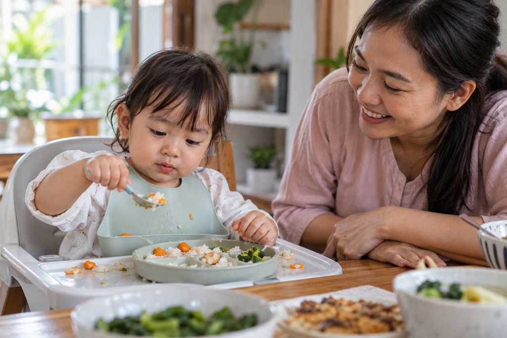 Anak belajar makan sendiri dengan sendok ditemani orang tua.