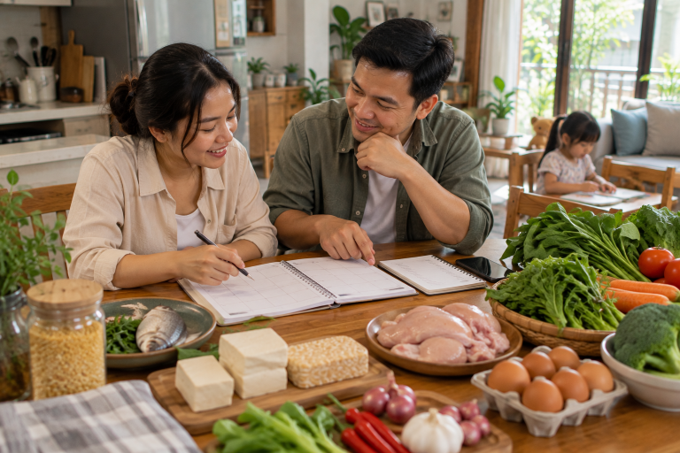 Orang tua menyusun menu keluarga untuk satu minggu.